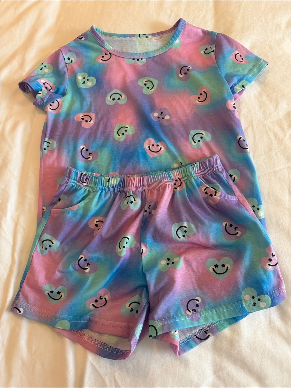 Girls Rainbow Tie-Dye Heart Smile Two-Piece Pajama Set